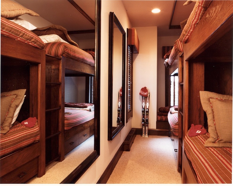 Bedroom - mid-sized rustic guest carpeted bedroom idea in Denver with white walls
