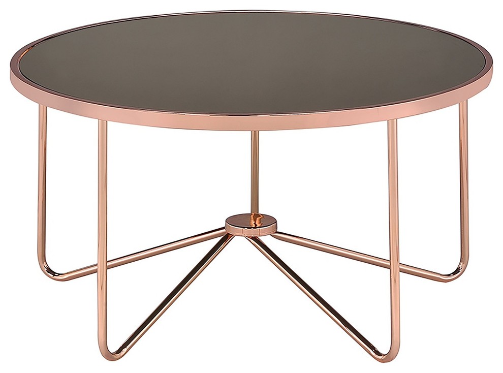 Rose Gold Metal Frame Round Coffee Table, Smoky Glass Contemporary