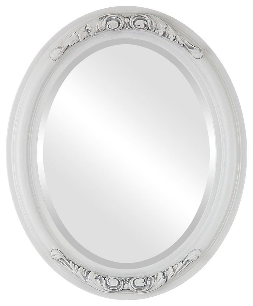 Florence Framed Oval Mirror in Linen White Traditional Bathroom