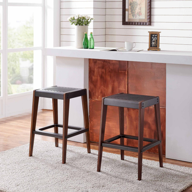 Novak Counter Stool, Metallic Gunmetal/Walnut Industrial Bar Stools