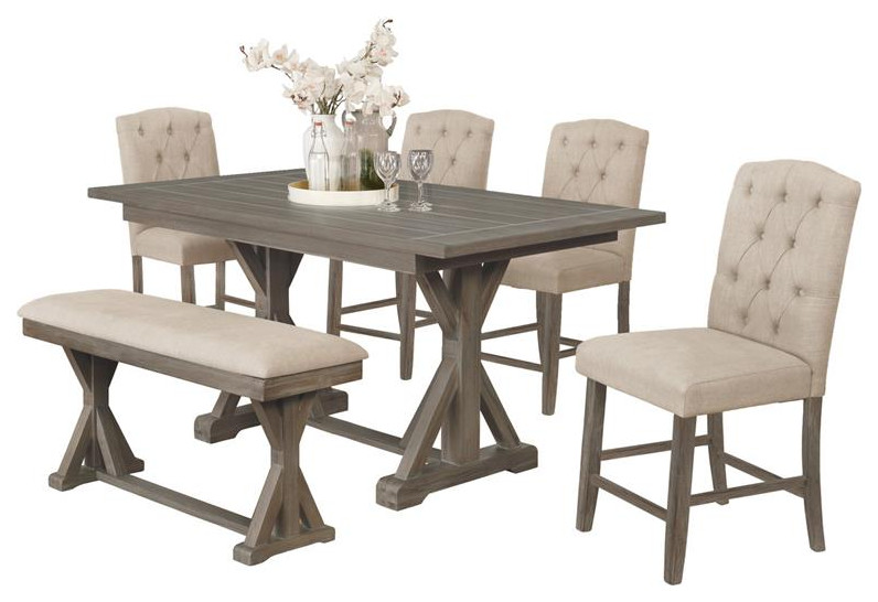 6pc Rustic Wood Counterheight Dining Set with Table + Beige Chairs