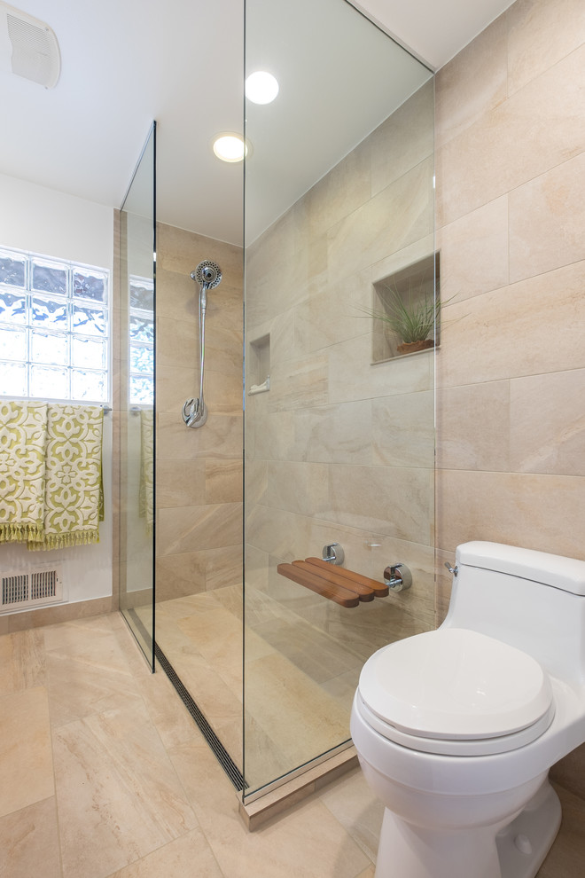 Transitional master bathroom in Portland with flat-panel cabinets, medium wood cabinets, a curbless shower, beige tile, white walls, porcelain floors, a drop-in sink and tile benchtops.