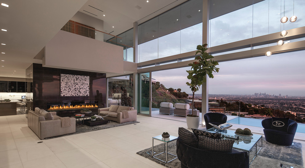 Inspiration for a contemporary open concept living room in Orange County with a ribbon fireplace.