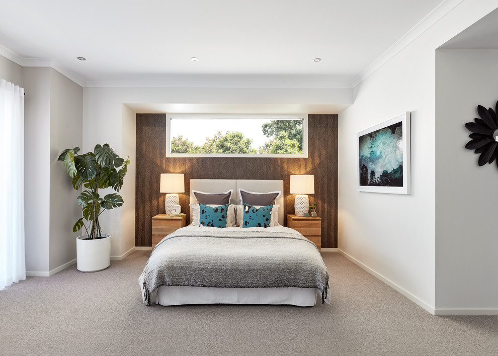 Design ideas for a contemporary bedroom in Melbourne with white walls, carpet and no fireplace.