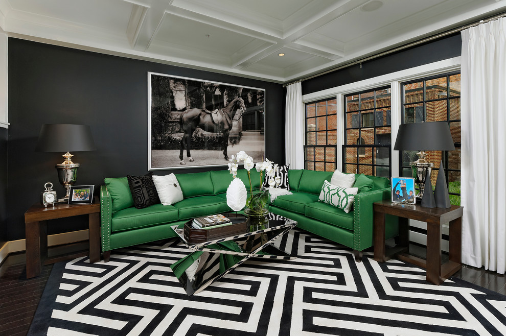 This is an example of a contemporary formal living room in DC Metro with black walls and dark hardwood floors.