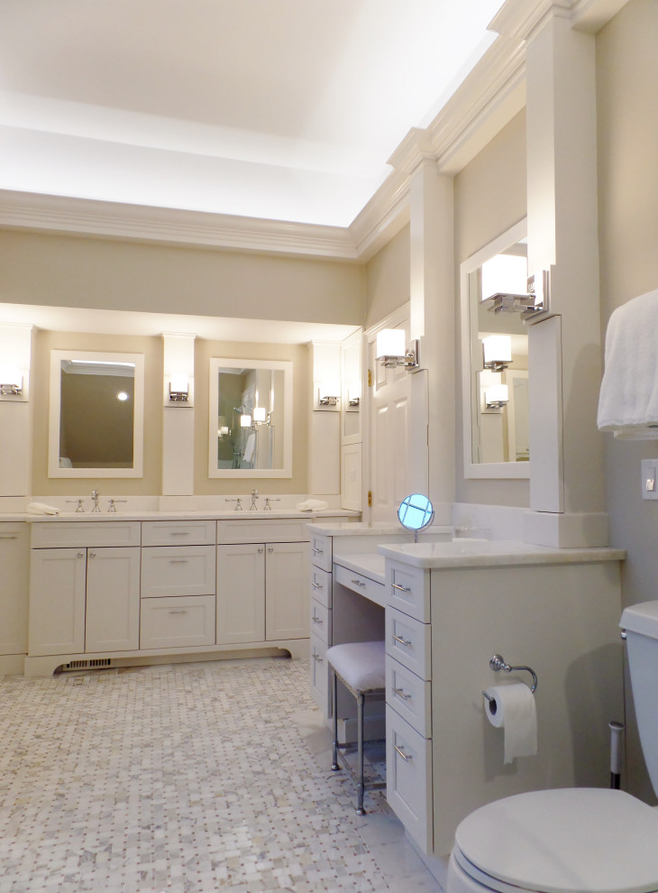 Example of a large transitional master white tile mosaic tile floor, white floor, double-sink and vaulted ceiling drop-in bathtub design in Boston with furniture-like cabinets, white cabinets, beige walls, an undermount sink, quartzite countertops, a hinged shower door, white countertops and a built-in vanity