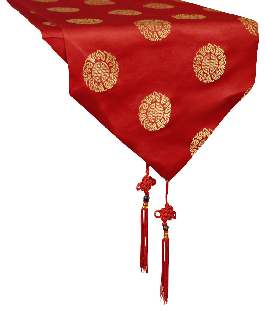 110 Inch Red Silk Chinese Longevity Table Runner