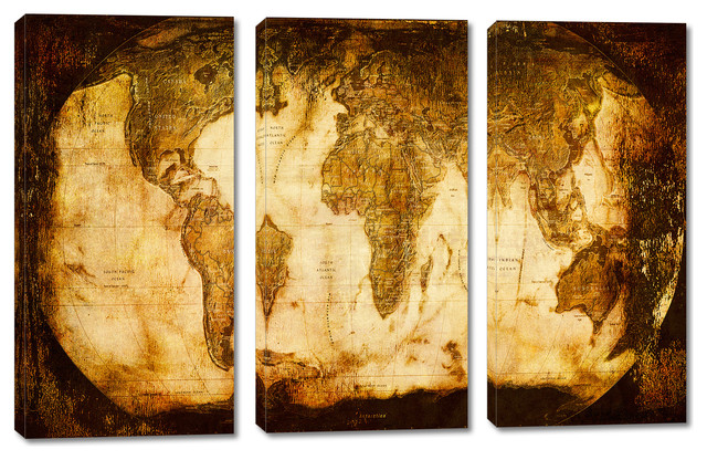 Rustic World Map Canvas Print, 3 Panel Split, Triptych Wall Art ...