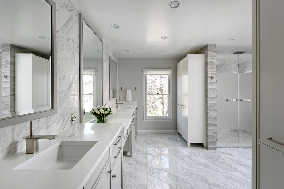 Large modern master bathroom in DC Metro with beaded inset cabinets, grey cabinets, an open shower, a one-piece toilet, gray tile, marble, grey walls, marble floors, a drop-in sink, engineered quartz benchtops, multi-coloured floor and a hinged shower door.