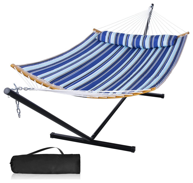 2 Person Hammock With Stand, Weather Resistant Bed With Carry Back, Blue Stripes