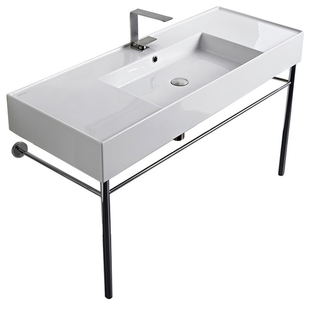 48 Ceramic Console Sink And Polished Chrome Stand Contemporary Console Sink And Polished Chrome Stand