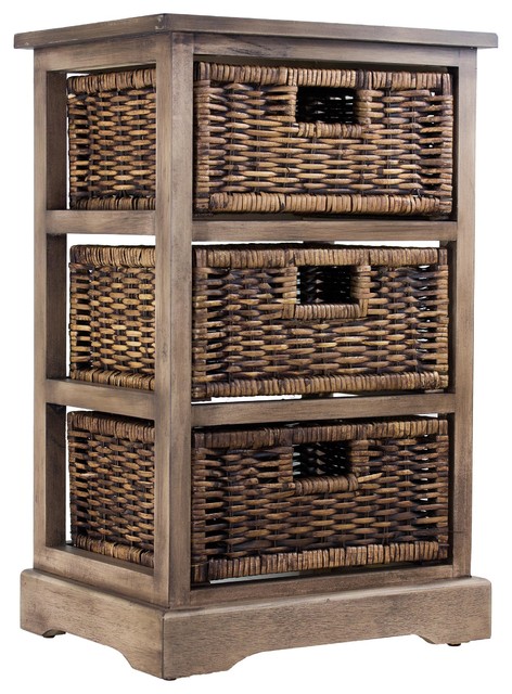 Wicker Basket 3 Drawer Nightstand Side Table Tropical