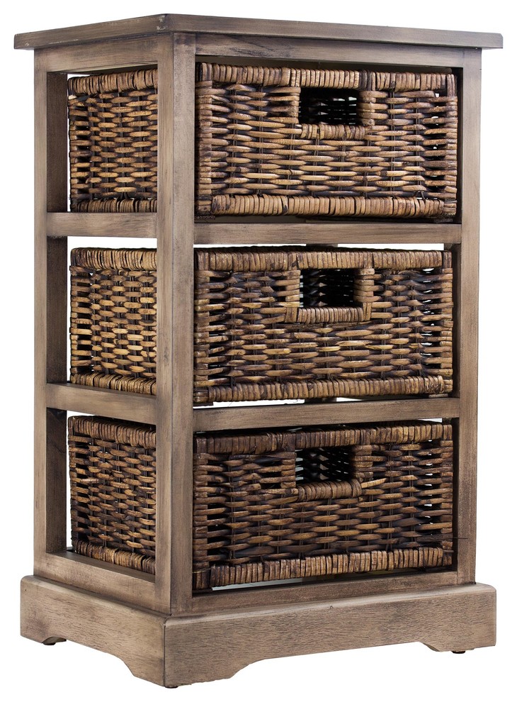 Wicker Basket 3 Drawer Nightstand Side Table Tropical Nightstands And Bedside Tables By American Art Decor Inc