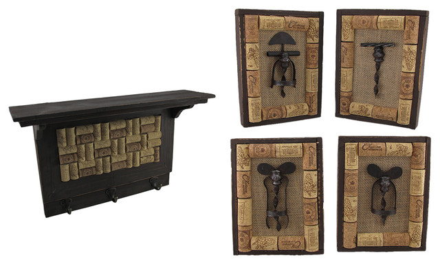Wine Cork Wood Wall Shelf And Vintage Corkscrews 5 Piece Wall