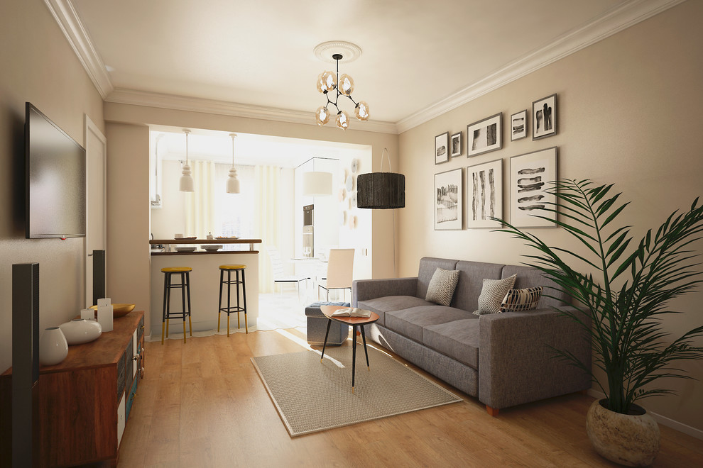 Вид на гостиную и кухню.