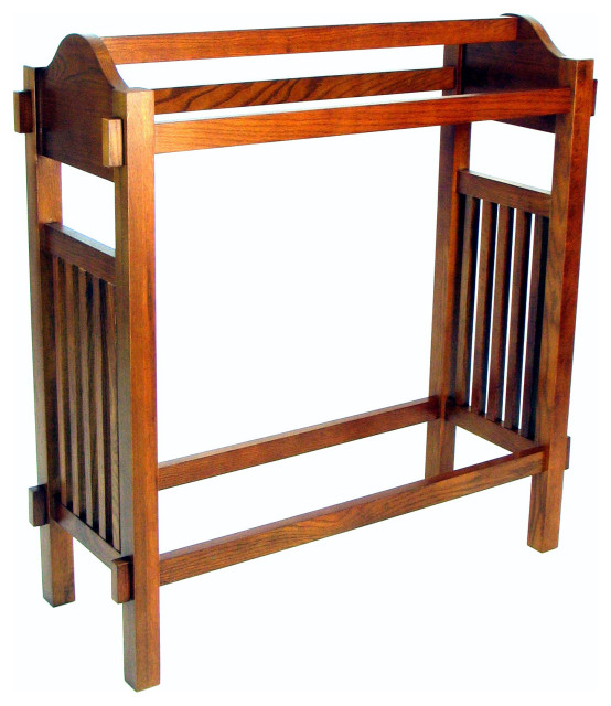 Wooden Mission Style Quilt Rack with 3 Hanging Bars on Scrolled Top