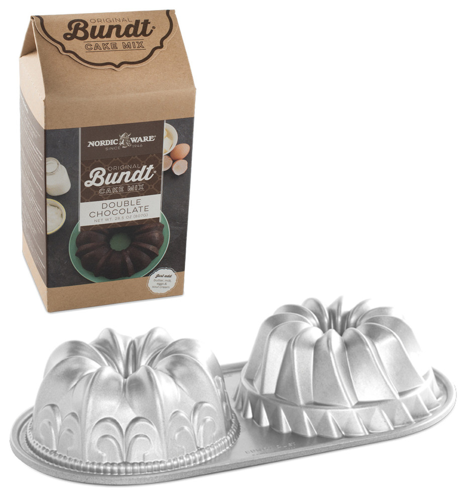 Nordic Ware Duet Cast Aluminum Bundt Pan with Double Chocolate Cake Mix