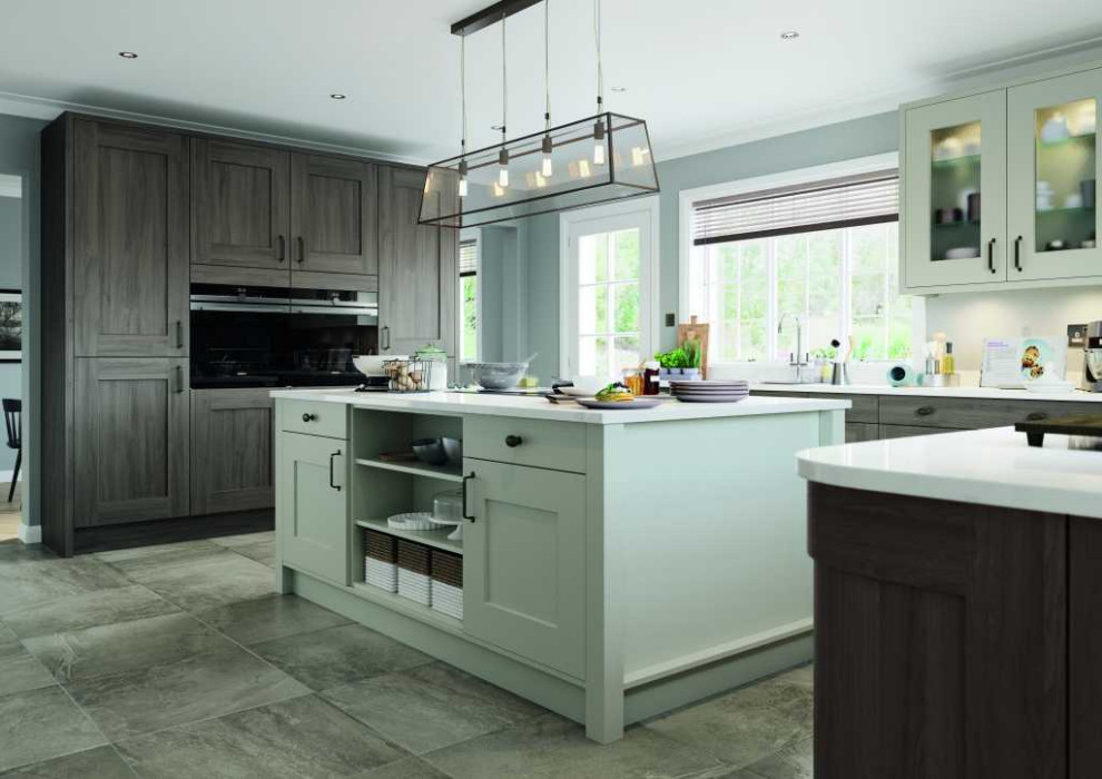 Photo of a mid-sized contemporary u-shaped open plan kitchen in London with a drop-in sink, shaker cabinets, grey cabinets, quartzite benchtops, grey splashback, coloured appliances, marble floors, with island, grey floor and white benchtop.