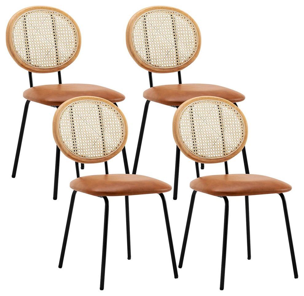 Modern Faux Leather Indoor Kitchen Dining Chairs Set of 4 with Rattan