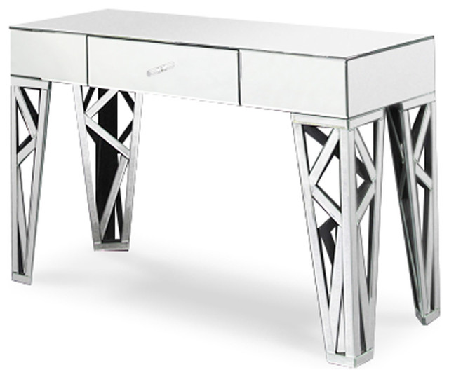 Modern Azure Console Table Clear Mirrored Glass Finish Unique Cutout