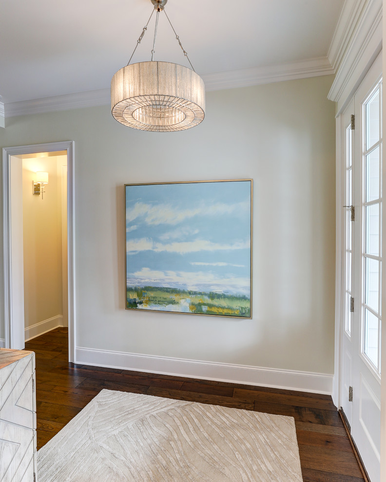 This is an example of a transitional foyer in Other with dark hardwood floors and a white front door.