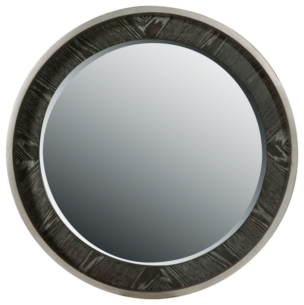 Pulaski Eve Round Beveled Mirror in Wood Grain Black Finish