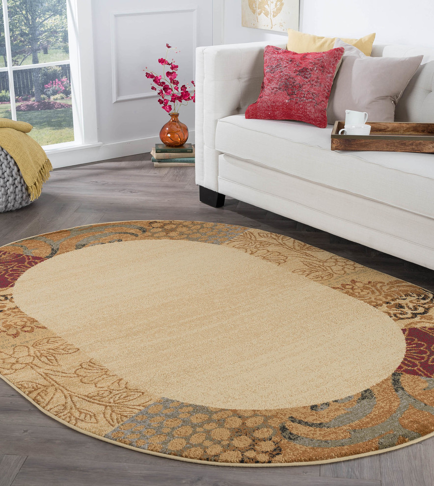 Sedona Transitional Floral Beige Oval Area Rug, 6.7' x 9.6' Oval