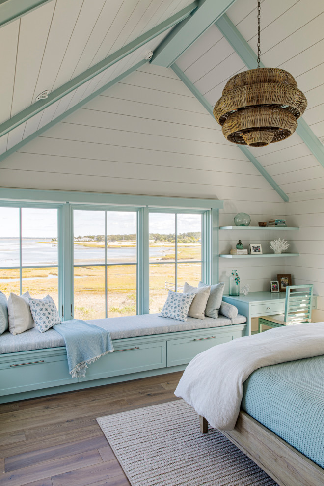 Design ideas for a large beach style guest bedroom in Boston with white walls, medium hardwood flooring, a vaulted ceiling and tongue and groove walls.