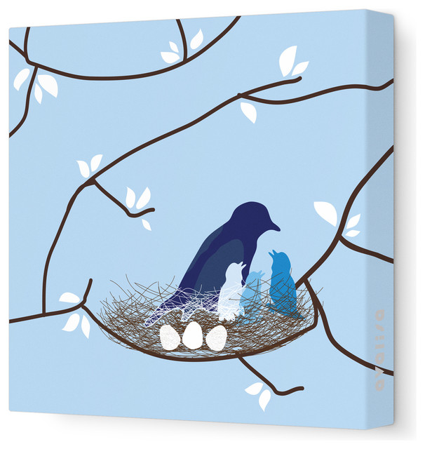 "New Spring Bird Nest" Stretched Canvas Wall Art, Blue, 12"x12"