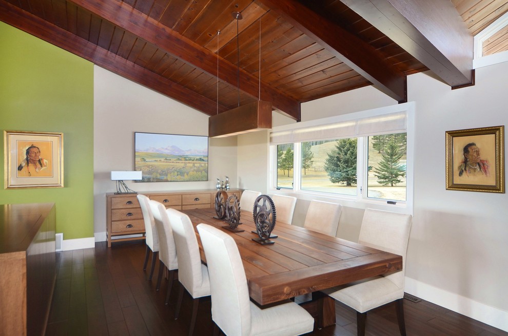 Design ideas for a contemporary dining room in Calgary with dark hardwood floors and beige walls.