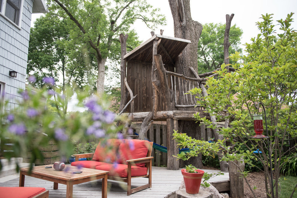 This is an example of a mid-sized eclectic backyard deck in Milwaukee with no cover.