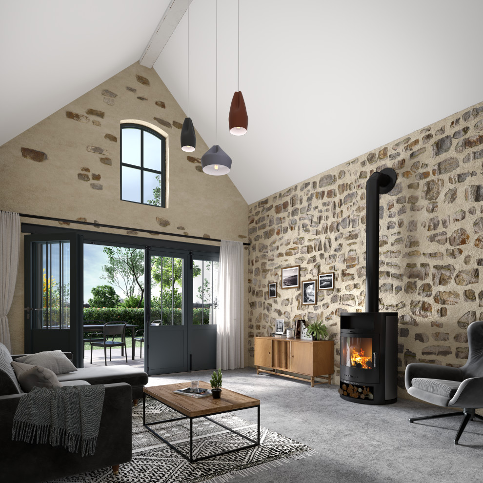 Design ideas for a medium sized rural open plan games room with beige walls, concrete flooring, a wood burning stove, no tv, grey floors and brick walls.