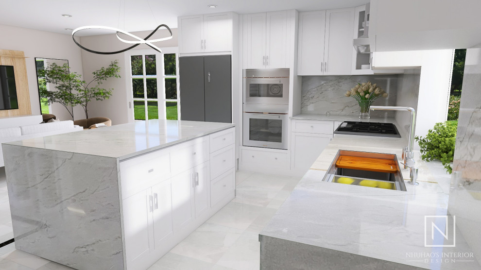 Inredning av ett modernt mellanstort grå grått kök, med en undermonterad diskho, skåp i shakerstil, vita skåp, bänkskiva i kvartsit, grått stänkskydd, stänkskydd i sten, rostfria vitvaror, klinkergolv i porslin, en köksö och grått golv