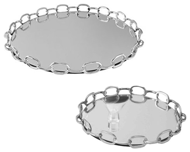 Silver Nickel Chain Link Mirrored Tray Set 2, Round Vanity Metal Decorative