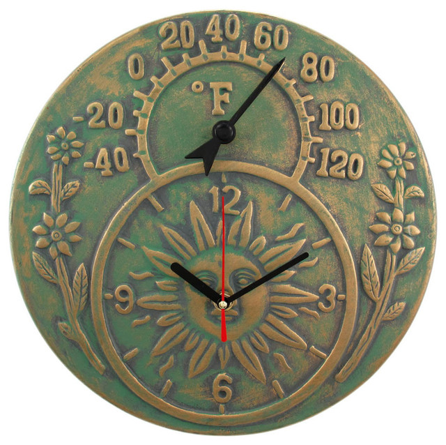 Verdigris Finish Terracotta Sun Face Clock Thermometer Traditional