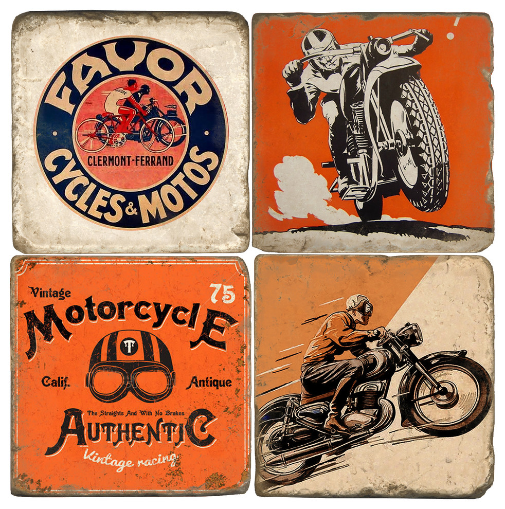 Tumbled Marble Coaster St/4 With Coaster Stand, Vintage Motorcycles