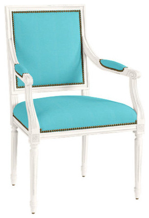 Square Louis Armchair with Aged Brass Nailheads, Sunbrella Canvas Turquoise