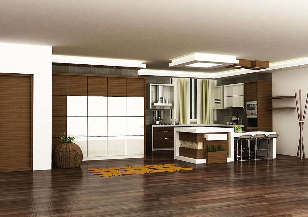 This is an example of a large contemporary l-shaped eat-in kitchen in Vancouver with flat-panel cabinets, medium wood cabinets, solid surface benchtops, grey splashback, stainless steel appliances, dark hardwood floors and with island.