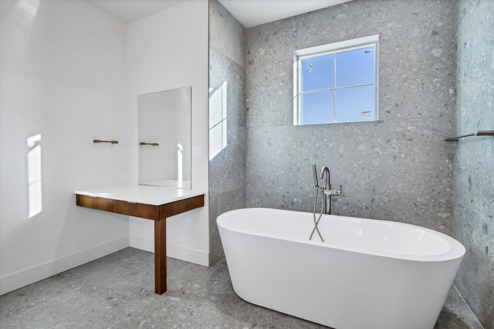 Inspiration for a large modern master gray tile and stone slab gray floor and double-sink bathroom remodel in Portland with flat-panel cabinets, medium tone wood cabinets, an undermount sink, quartz countertops, a hinged shower door, white countertops and a built-in vanity