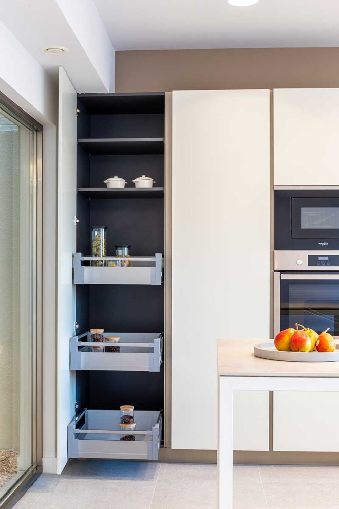 Moderne Wohnküche mit flächenbündigen Schrankfronten und Kücheninsel in Sonstige