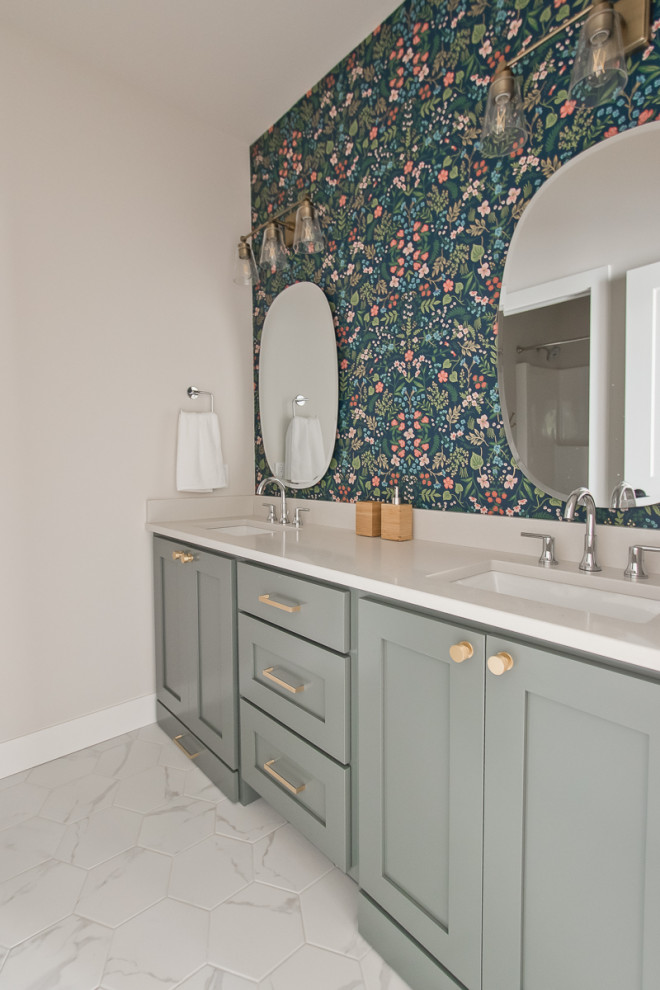 Inspiration for a country kids bathroom in Other with shaker cabinets, green cabinets, white walls, mosaic tile floors, an undermount sink, engineered quartz benchtops, black floor, white benchtops, a double vanity, a built-in vanity and wallpaper.