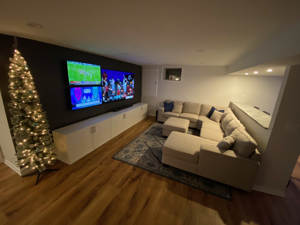 Mid-sized transitional vinyl floor basement photo with white walls