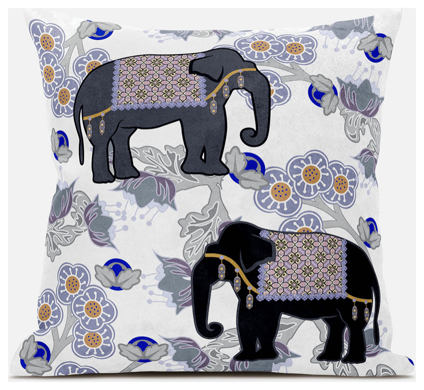 28x28 Gray Black Blue Elephant Blown Seam Broadcloth Animal Print Throw Pillow