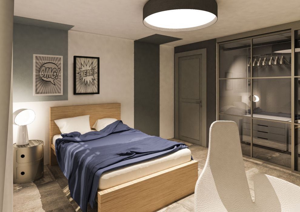 Стильный дизайн: спальня среднего размера в стиле лофт с серыми стенами, полом из керамогранита и рабочим местом - последний тренд