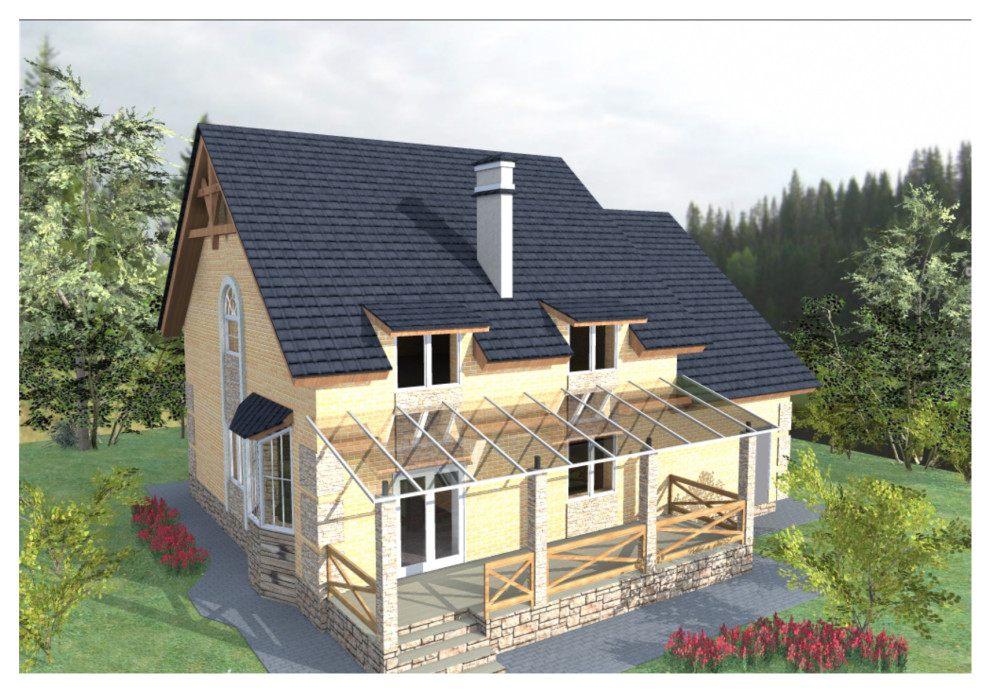 Индивидуальный жилой дом с большим окном и эркером в гостиной