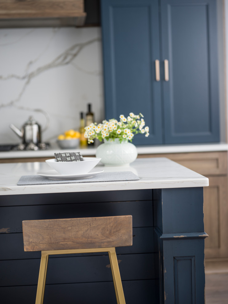 Close Up of Navy Blue Modern Farmhouse Kitchen Island with Decorative