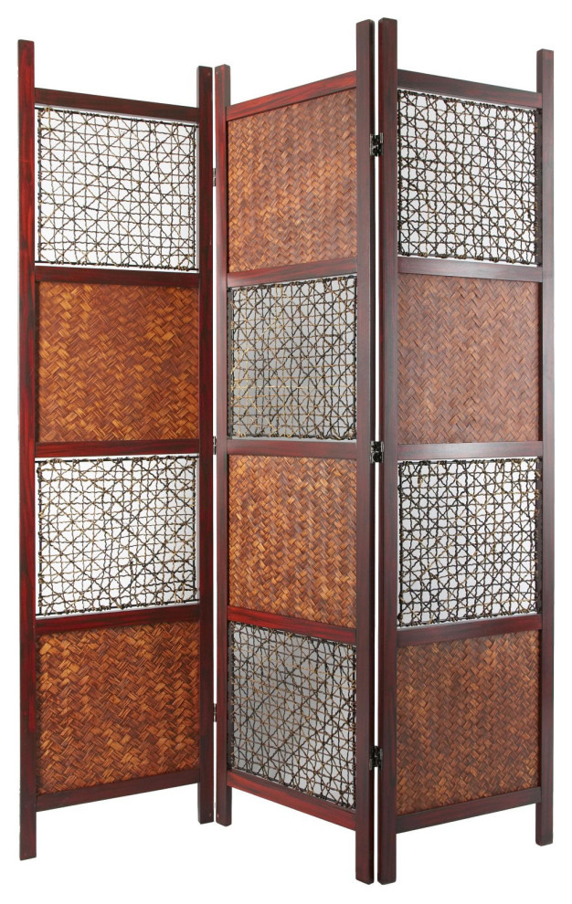 3 Panels Room Divider, Alternated Design With Hand Woven Bamboo & Abacca Rope