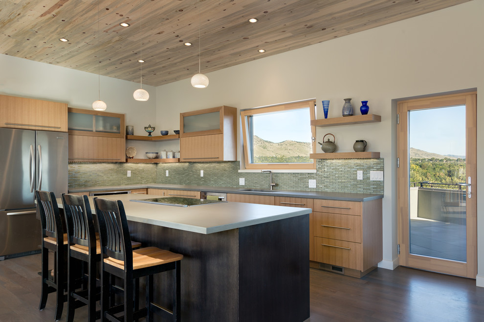 Inspiration for a mid-sized rustic l-shaped triple-pane, dark wood floor and brown floor kitchen remodel in Denver with an undermount sink, flat-panel cabinets, light wood cabinets, metallic backsplash, matchstick tile backsplash, stainless steel appliances, an island and gray countertops