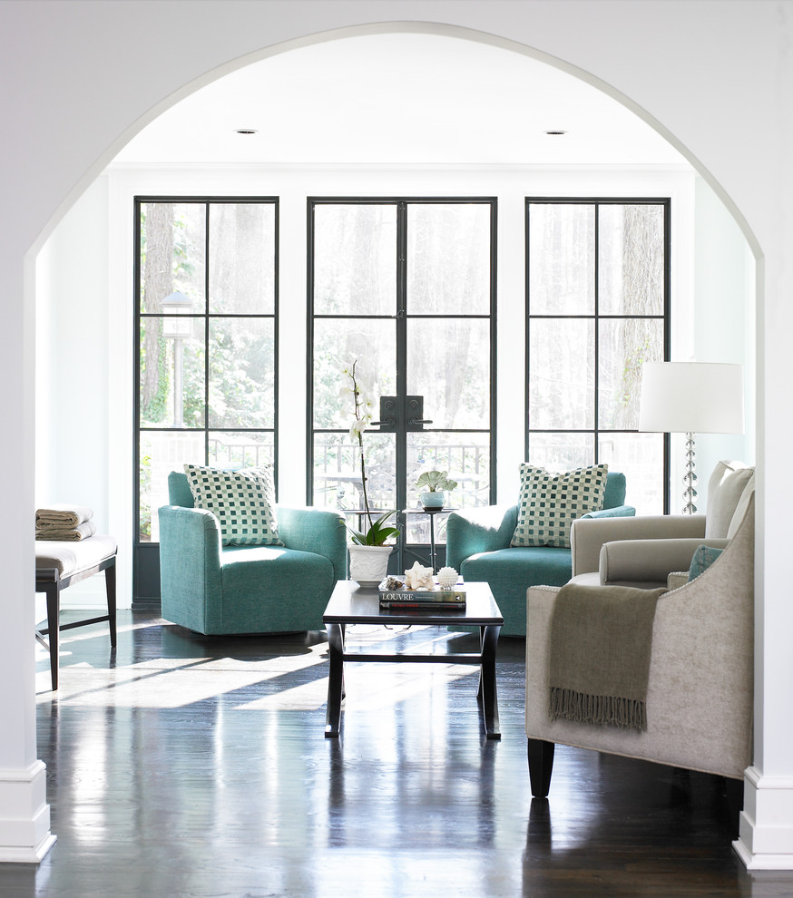 Design ideas for a contemporary family room in Atlanta with white walls and dark hardwood floors.