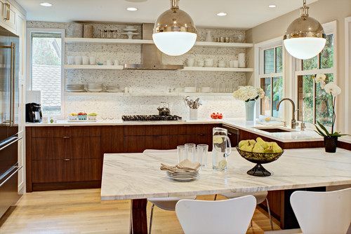 Modern RTA kitchen with open shelves and marble counters — Childproofing RTA Cabinets with appliance locks and stove knob covers